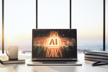 Creative artificial Intelligence symbol concept on modern laptop screen. 3D Rendering