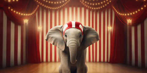 Striped background with elephant, Creative concept wallpaper of traveling circus with trained animals, circus poster. 3d render illustration style.  - obrazy, fototapety, plakaty