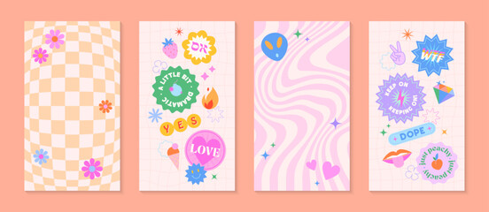 Fototapeta premium Vector insta story templates with patches and stickers in 90s style.Smm banners in y2k aesthetic with chess and wavy backgrounds.Trendy funky designs for social media marketing,branding,packaging