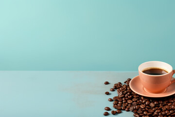 White Coffee Cup with Saucer Surrounded by Brown Coffee Beans on Light Blue Background Generative AI