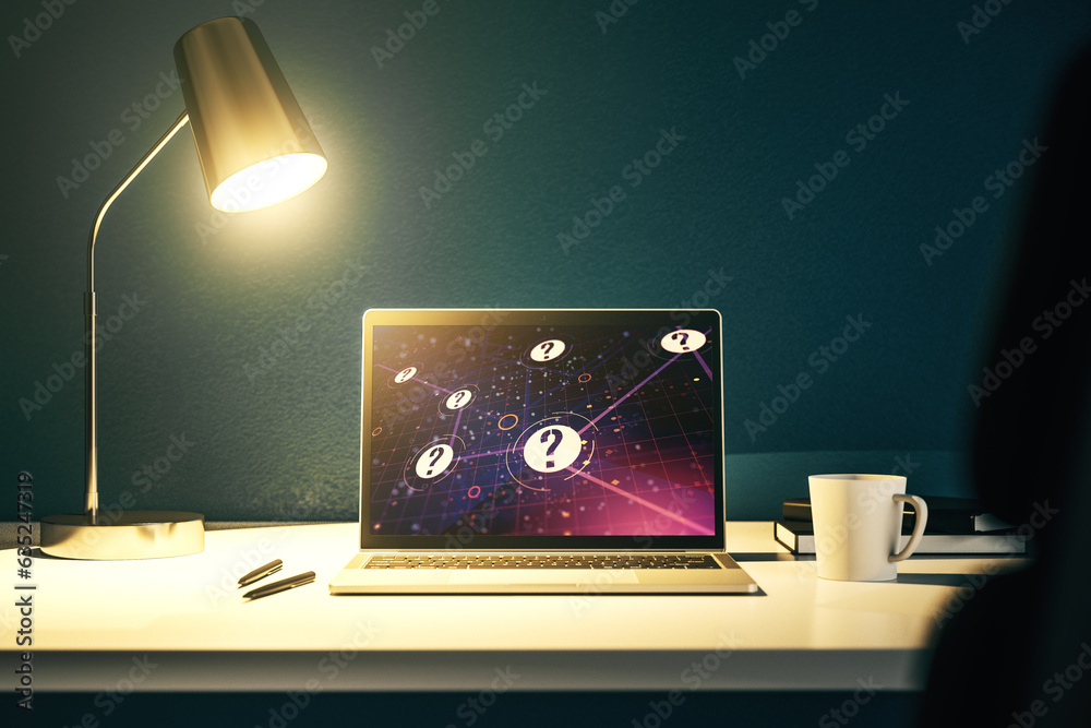 Aufkleber creative abstract question mark sketch on modern laptop monitor, faq and research concept. 3d render