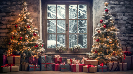 Fototapeta na wymiar Stylish interior of living room with decorated Christmas tree. Christmas decoration.