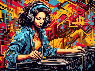 Illustration of a woman enjoying music on a vintage turntable with headphones. Generative AI