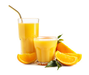 Glasses of fresh orange juice and ripe fruits on white background