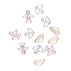 Colorful binder clips in different shapes on white background