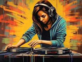 Illustration of a woman DJ mixing music in a vibrant and energetic painting. Generative AI