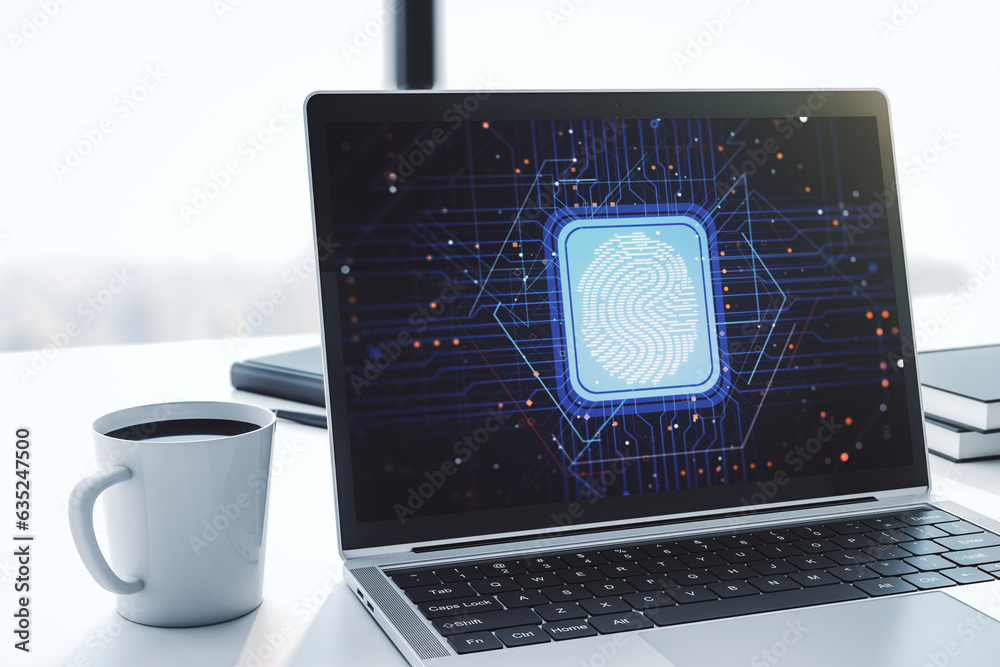 Poster Computer monitor with abstract creative fingerprint illustration, personal biometric data concept. 3D Rendering