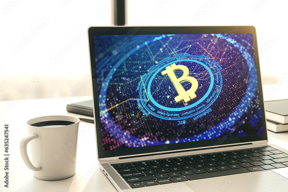 Poster creative bitcoin concept on modern laptop screen. 3d rendering