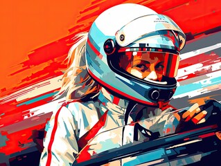 Fototapeta premium Illustration of a woman wearing a racing helmet in a vibrant and dynamic painting. Generative AI