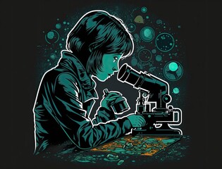 Illustration of a person observing a specimen under a microscope. Generative AI