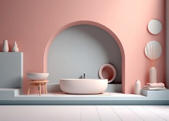 Interior of modern bathroom with pink walls and white floor