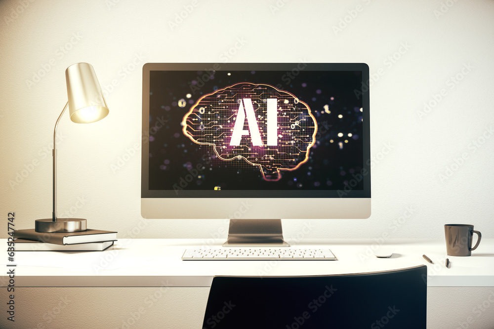 Fototapete Modern computer monitor with creative artificial Intelligence symbol. Neural networks and machine learning concept. 3D Rendering