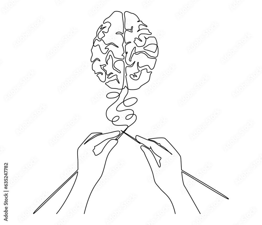 Poster continuous one line drawing of human hands knitting brain. mental health and psychotherapy concept i