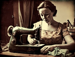 Illustration of a woman sewing on a vintage sewing machine. Generative AI - obrazy, fototapety, plakaty