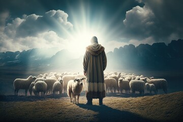 Prayerful Guidance: Jesus Christ Leading His Sheep Under Sunlight
