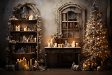 Stylish interior of living room with decorated Christmas tree. Christmas decoration.