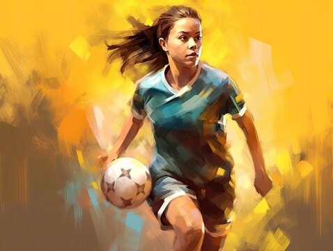 Illustration of a digital painting of a female soccer player in action. Generative AI