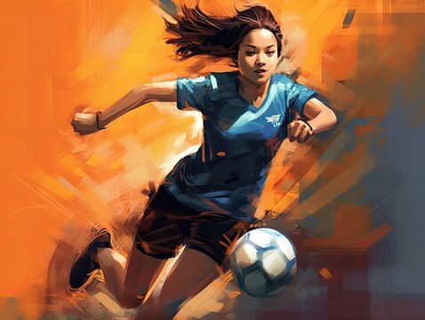 Illustration of a woman kicking a soccer ball in a vibrant and dynamic painting. Generative AI