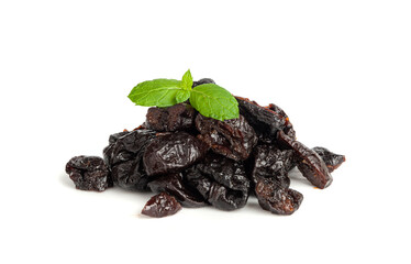 Dry Plums Isolated, Dried Black Fruits, Prune Group, Dry Plum Fruit on White Background