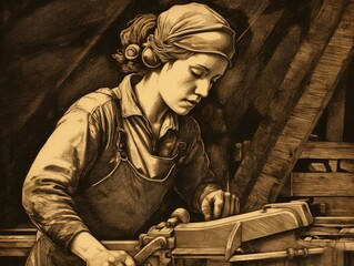Illustration of a woman sculpting a piece of wood with concentration and precision. Generative AI