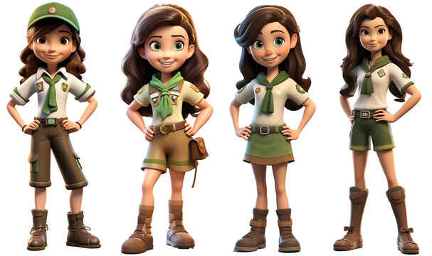 Set Of Cute Little girl scouts Kids Wear Scout honor uniform 3D render character cartoon style Isolated on transparent background