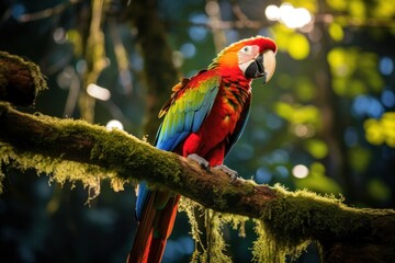 Enigmatic Rainforest Canopy: Parrots, Monkeys, and Jaguar Converge in Mysterious Jungle Tapestry
