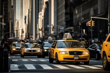 Hyper-Realistic NYC Hustle: Rush Hour at Bustling Intersection with Taxis, Crowded Streets, and Iconic Skyline
