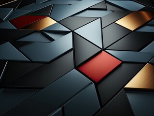Illustration of an abstract wallpaper with black, red, and gold squares. Generative AI