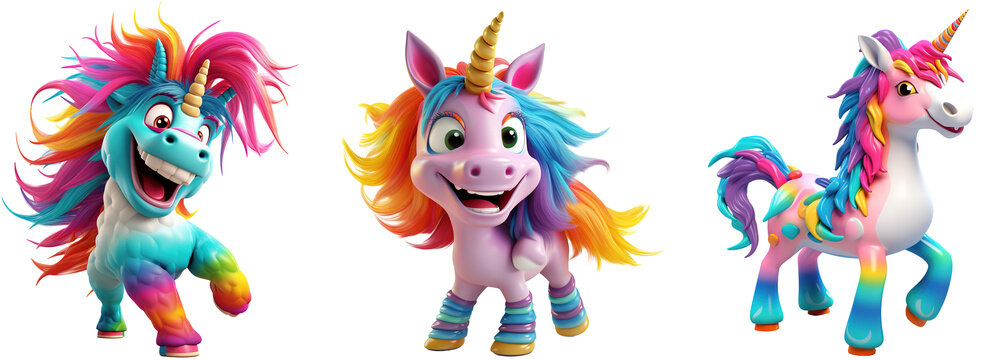 3D illustration of a happy unicorn on a rocking horse, with a very colorful mane. Concept of happiness, recklessness. 3D render character cartoon style Isolated on transparent background