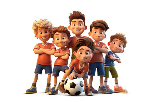3d male kids football players. young Soccer team Cartoon soccer player. 3D render character cartoon style Isolated on transparent background
