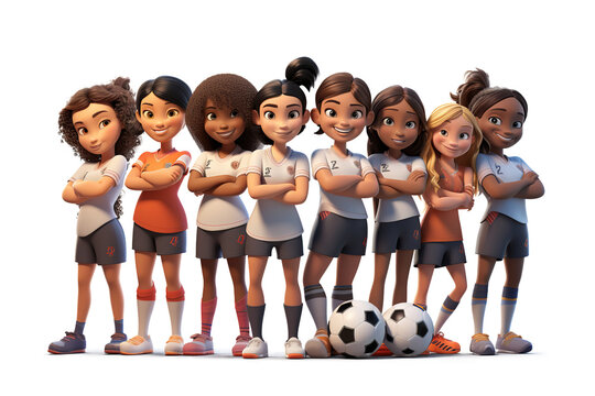 3d female football players. young girl Soccer team Cartoon soccer player. 3D render character cartoon style Isolated on transparent background