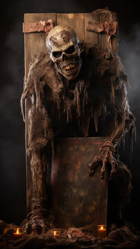 Zombie coming out of the ground holding wooden sign for party invitation in Halloween setting.