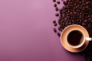 White Coffee Cup with Saucer Surrounded by Brown Coffee Beans on Pastel Purple Background Generative AI