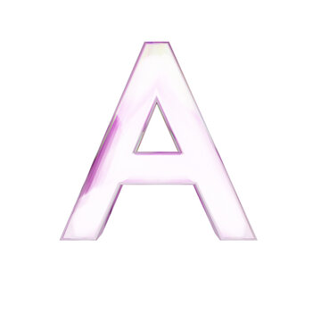 Letter "A" uppercase on transparent background. pink transparent glass 3D render font with dispersion.