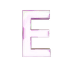 Letter "E" uppercase on transparent background. pink transparent glass 3D render font with dispersion.