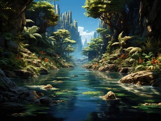 Naklejka na ściany i meble Illustration of a serene river flowing through a vibrant green forest. Generative AI