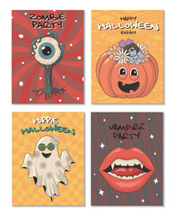 Vintage groovy halloween posters with pumpkin, ghost, vampire lips, zombie hand and eye on abstract background. Vector illustations in psychedelic hippie 70s style for greeting cards.
