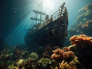 Illustration of a shipwreck amidst vibrant coral reefs in the deep ocean. Generative AI - obrazy, fototapety, plakaty