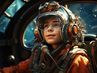 Illustration of a young boy dressed as a pilot, ready for takeoff. Generative AI