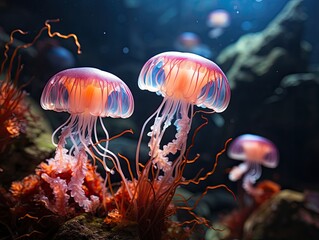 Illustration of a mesmerizing display of jellyfish swimming in an aquarium. Generative AI