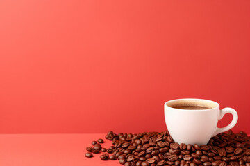 Obraz premium White Coffee Cup with Saucer Surrounded by Brown Coffee Beans on Red Background Generative AI