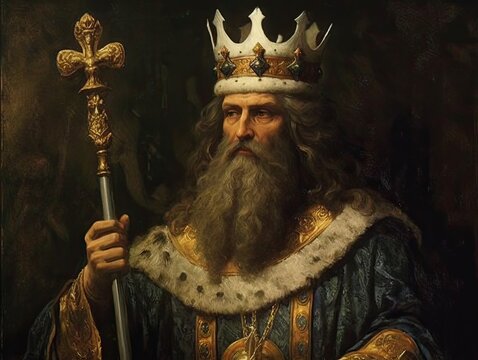 Illustration of a regal man holding a cross and wearing a crown in a majestic painting. Generative AI