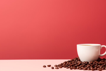 White Coffee Cup with Saucer Surrounded by Brown Coffee Beans on Red Background Generative AI
