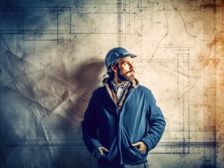 Illustration of a man in front of a detailed architectural drawing. Generative AI