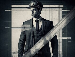 Illustration of a professional man in a suit and hard hat. Generative AI