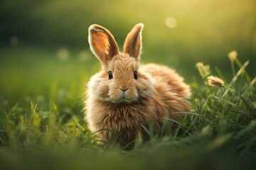 Fototapeta premium Cute adorable fluffy rabbit in the grass background, animal banner with copy space text 