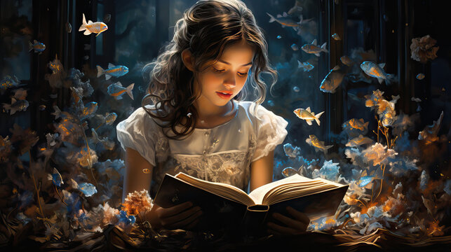 Young girl sitting and reading while her imagination comes to life.