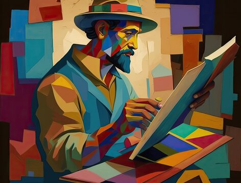 Illustration of a man engrossed in reading a book. Generative AI