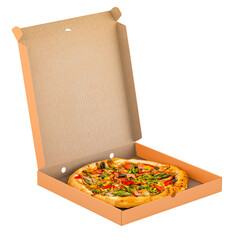 Opened pizza box with pizza, 3D rendering isolated on transparent background - 635251164