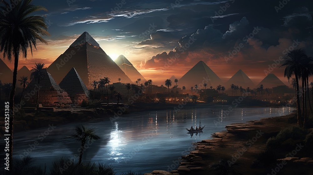 Wall mural landscape with ancient egyptian pyramids, beautiful sunset. ai generation - Wall murals